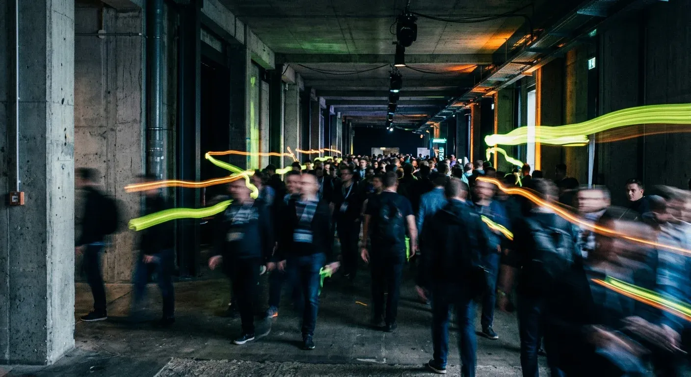 A crowd of attendees in motion along a concrete corridor in the foundry, blurred, with lime and orange light streaks