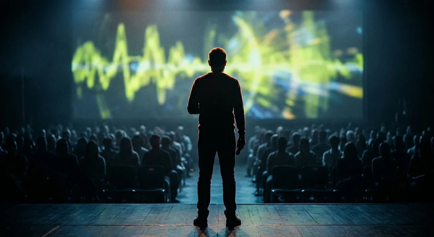 The silhouette of a speaker seen from behind on a dark stage, facing a glowing lime waveform projection