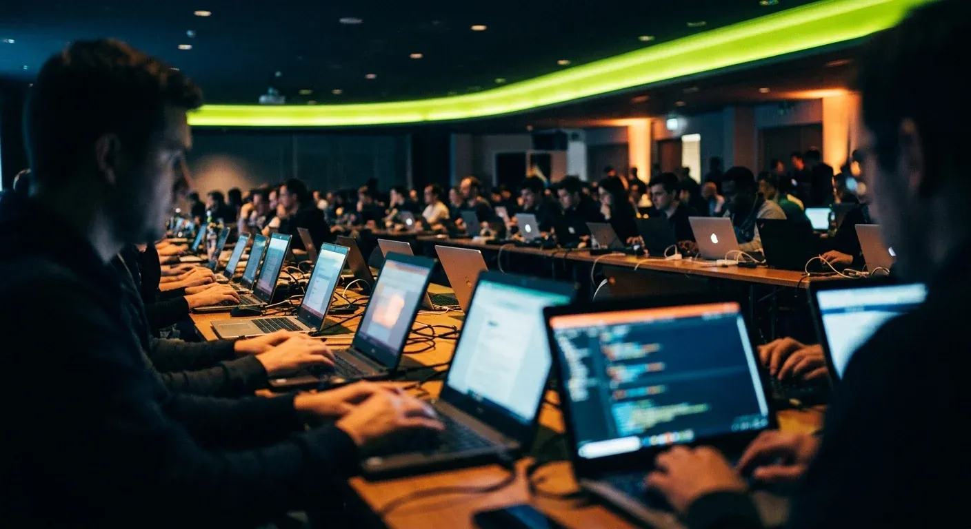 Rows of attendees typing on laptops at long tables, seen from behind, under a lime light strip