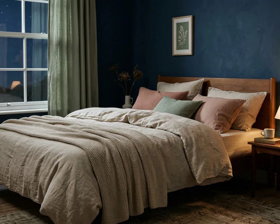 A calm bedroom at night with a wooden bed frame, oat linen and a small bedside lamp glowing