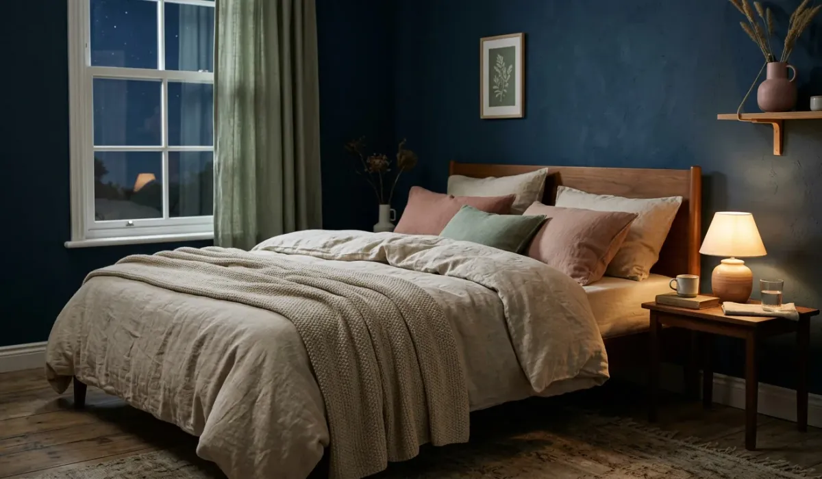 A calm bedroom at night with a small bedside lamp glowing