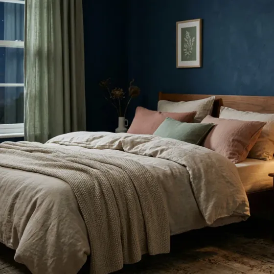 A calm bedroom at night with a wooden bed frame, oat linen and a small bedside lamp glowing