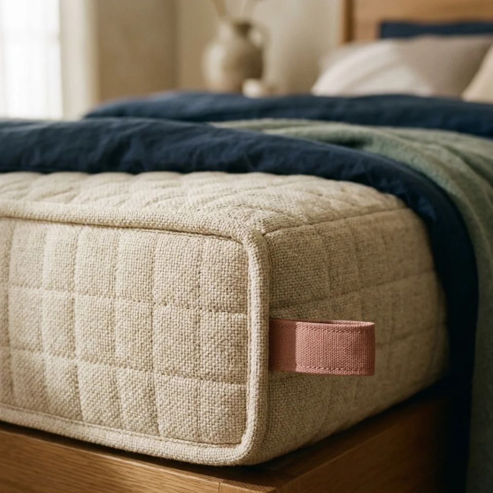 Close-up of a mattress corner with quilted oat fabric, fine stitching and a clay pink tab