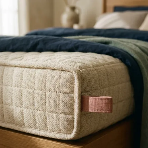 Close-up of the quilted cover with fine stitching and a clay pink tab