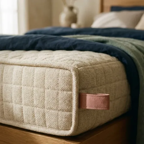Quilted oat fabric with fine stitching and a clay pink tab on a mattress corner