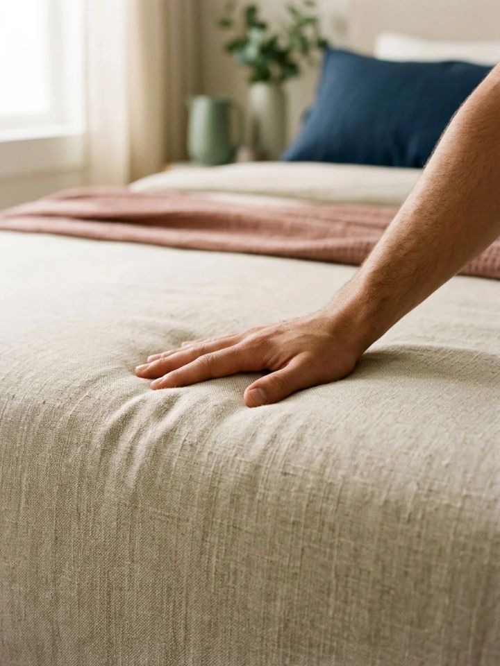 A hand pressing into the quilted oat cover of a mattress