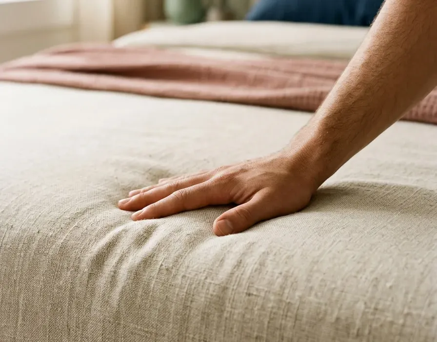 A hand pressing into a mattress cover