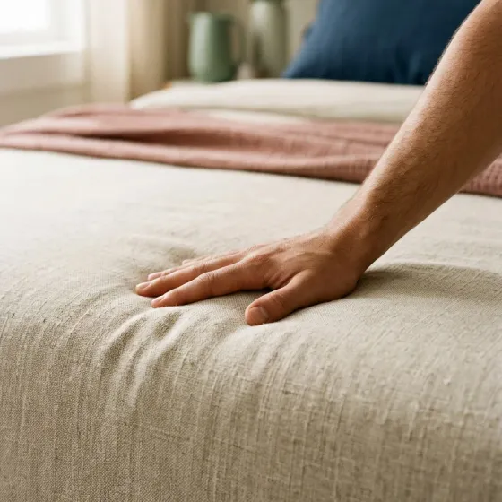A hand pressing into the quilted oat cover of a mattress, leaving a soft shallow dent