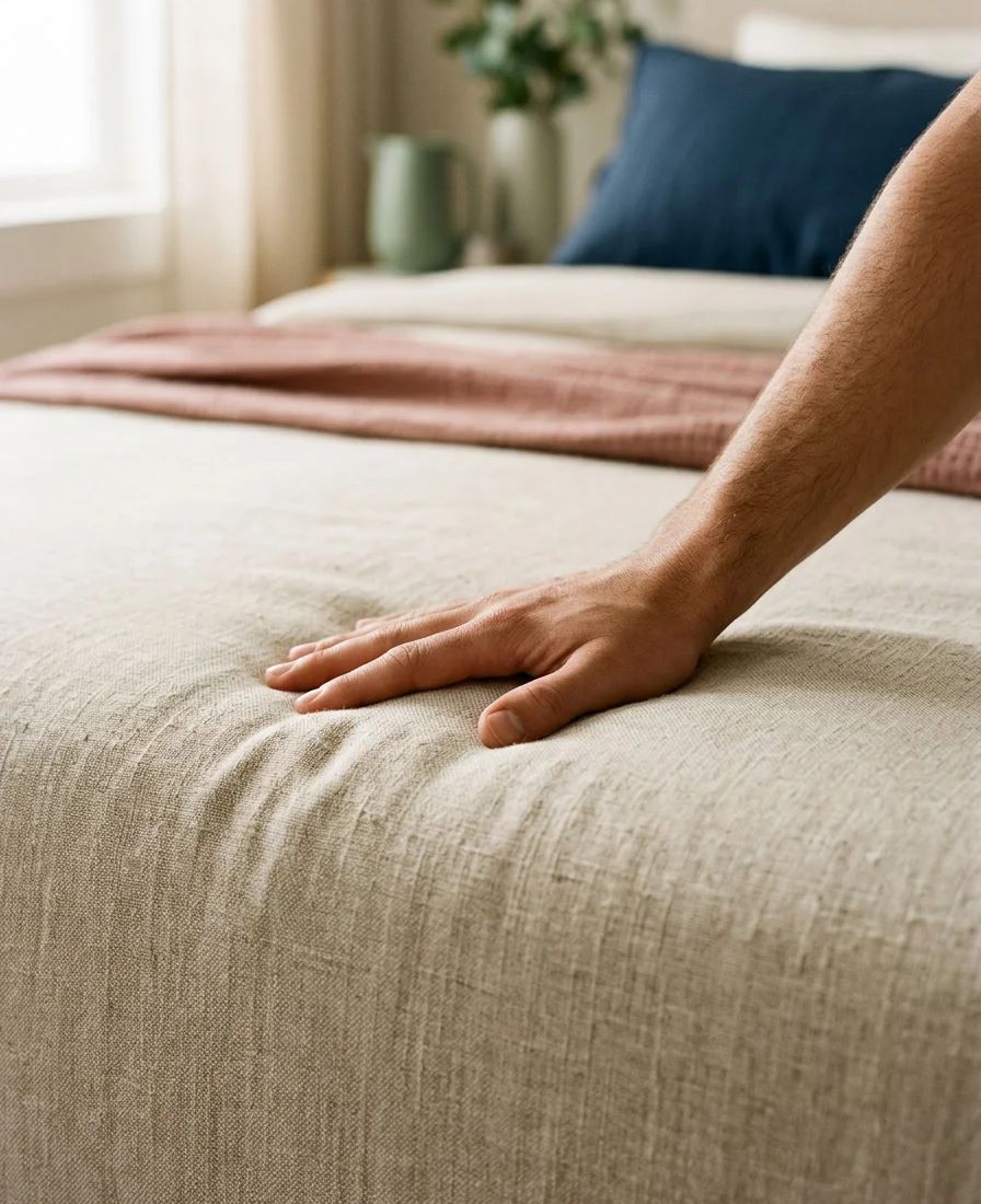 A hand pressing into the quilted oat cover of a mattress, leaving a soft shallow dent