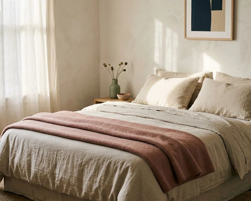 A made bed with oat linen sheets, a clay pink wool blanket and two pillows in morning light