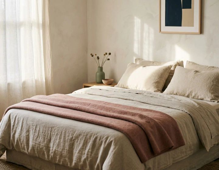 A made bed with oat linen and a clay pink wool blanket