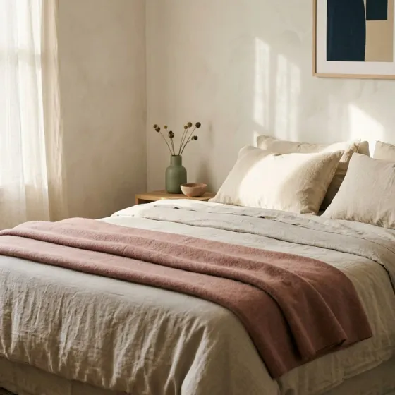 A made bed with oat linen sheets, a clay pink wool blanket and two pillows in morning light
