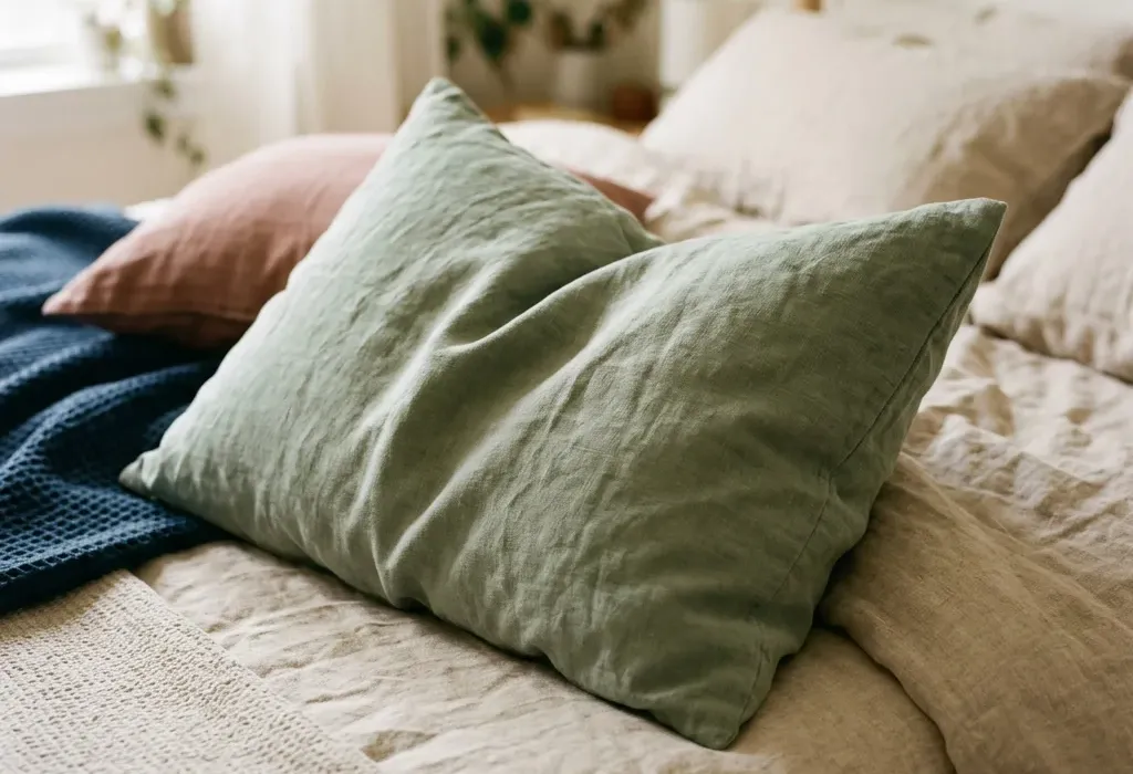 A pillow in a sage linen pillowcase on a made bed