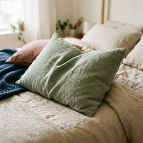 A plump pillow in a sage linen pillowcase on a bed with oat sheets