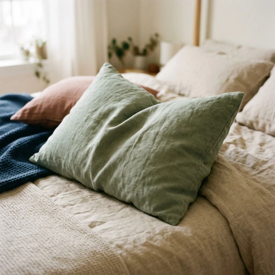 A plump pillow in a sage linen pillowcase on a bed with oat sheets