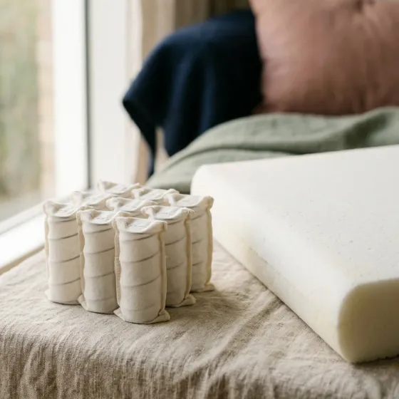 A neat group of pocket springs in pale fabric sleeves beside a slab of white foam on a linen cloth