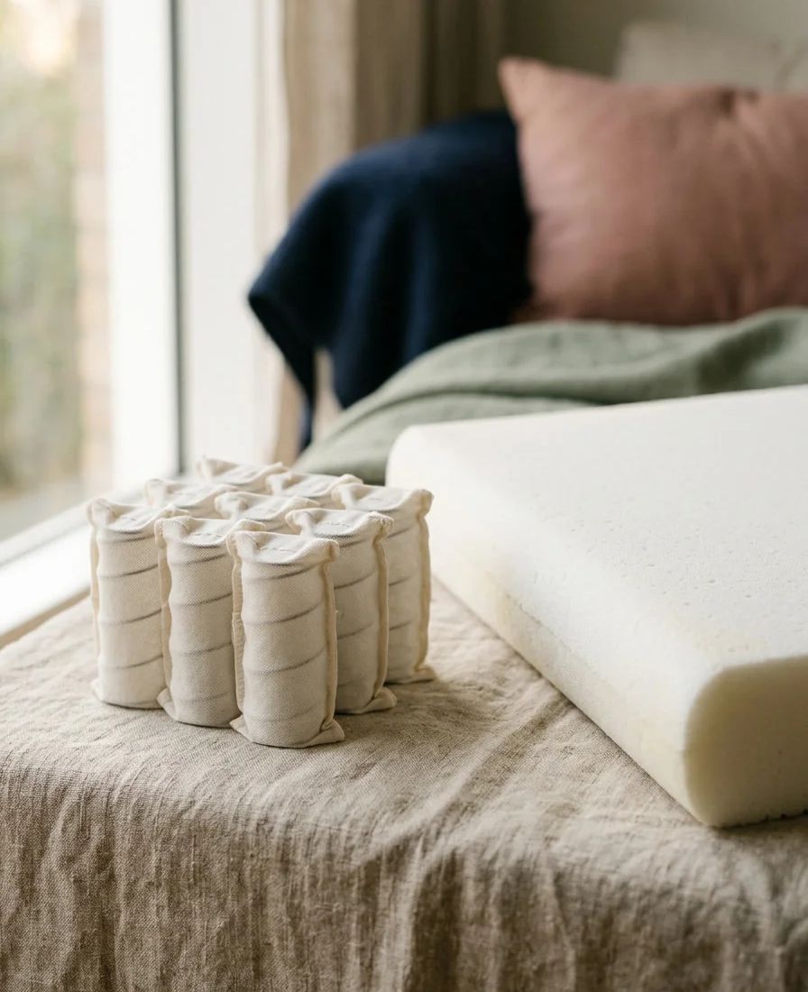 A neat group of pocket springs in pale fabric sleeves beside a slab of white foam on a linen cloth