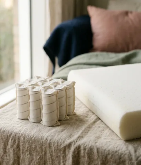 Pocket springs in pale fabric sleeves beside a slab of white foam