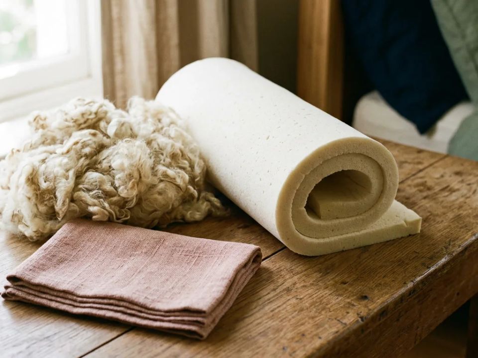 A rolled sheet of pale natural latex beside raw wool on an oak table