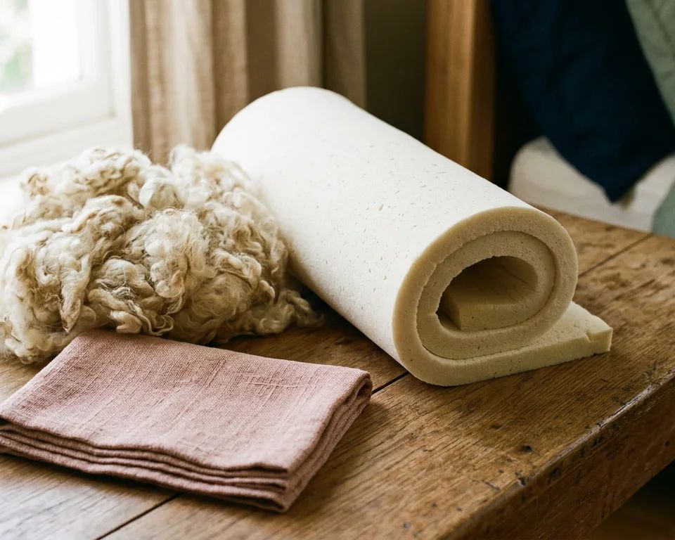 A rolled sheet of pale natural latex beside a mound of raw wool on an oak table
