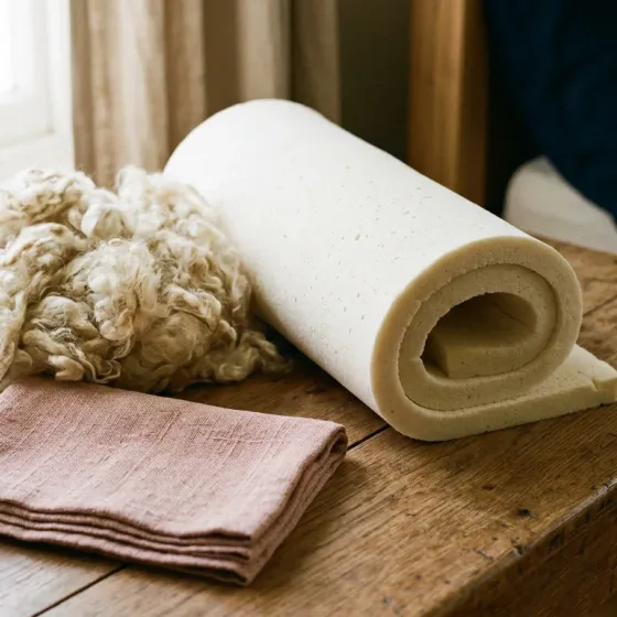 A rolled sheet of pale natural latex beside a mound of raw wool on an oak table