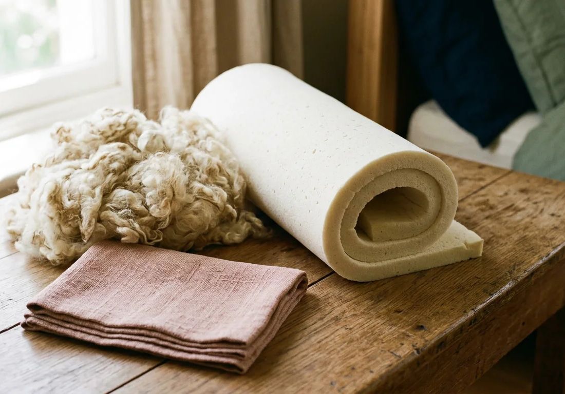 A rolled sheet of pale natural latex beside a mound of raw wool and a folded clay-pink cloth on an oak table