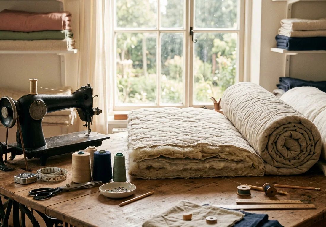 A bright workshop bench with a sewing machine, rolls of oat fabric, shears and a half-assembled mattress layer