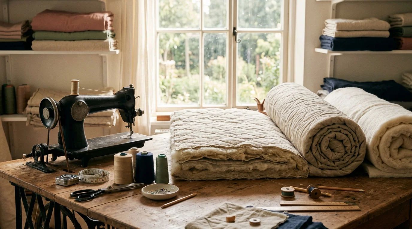 A bright workshop bench with a sewing machine, rolls of oat fabric, shears and a half-assembled mattress layer