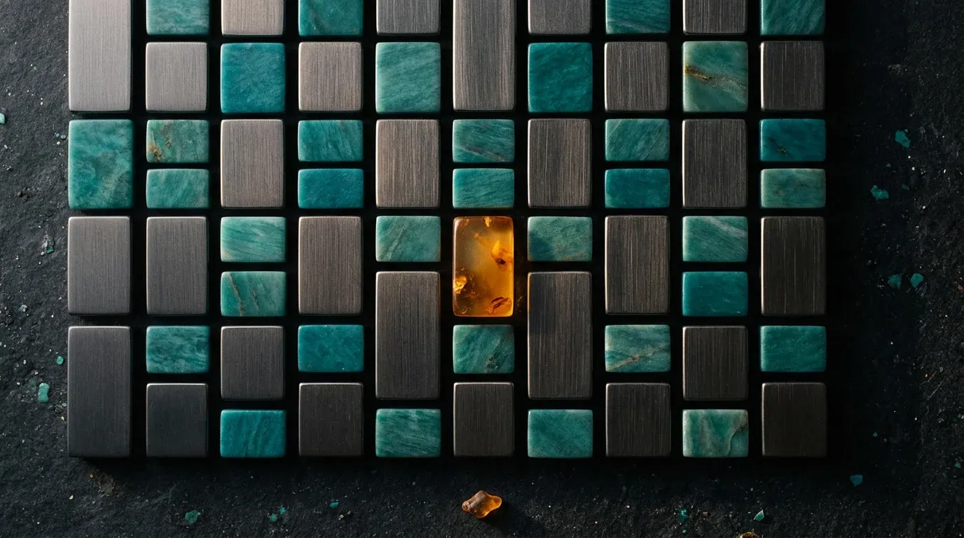 Brick-like arrangement of dark metal and teal blocks with a single amber block
