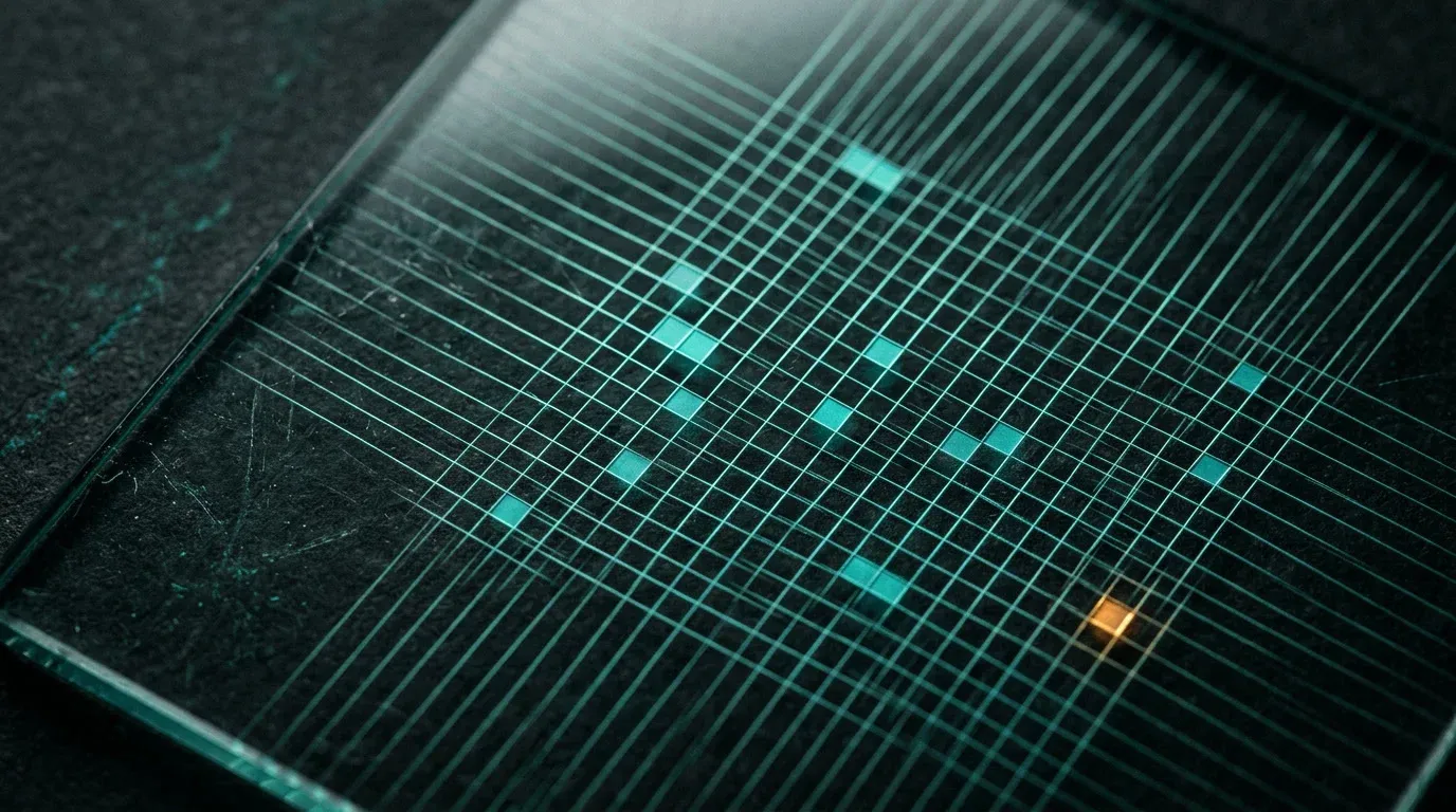 Fine grid of teal lines with a few filled cells and one amber cell