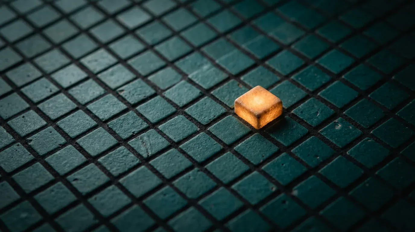 Macro view of a mosaic of teal ceramic tiles with one amber tile