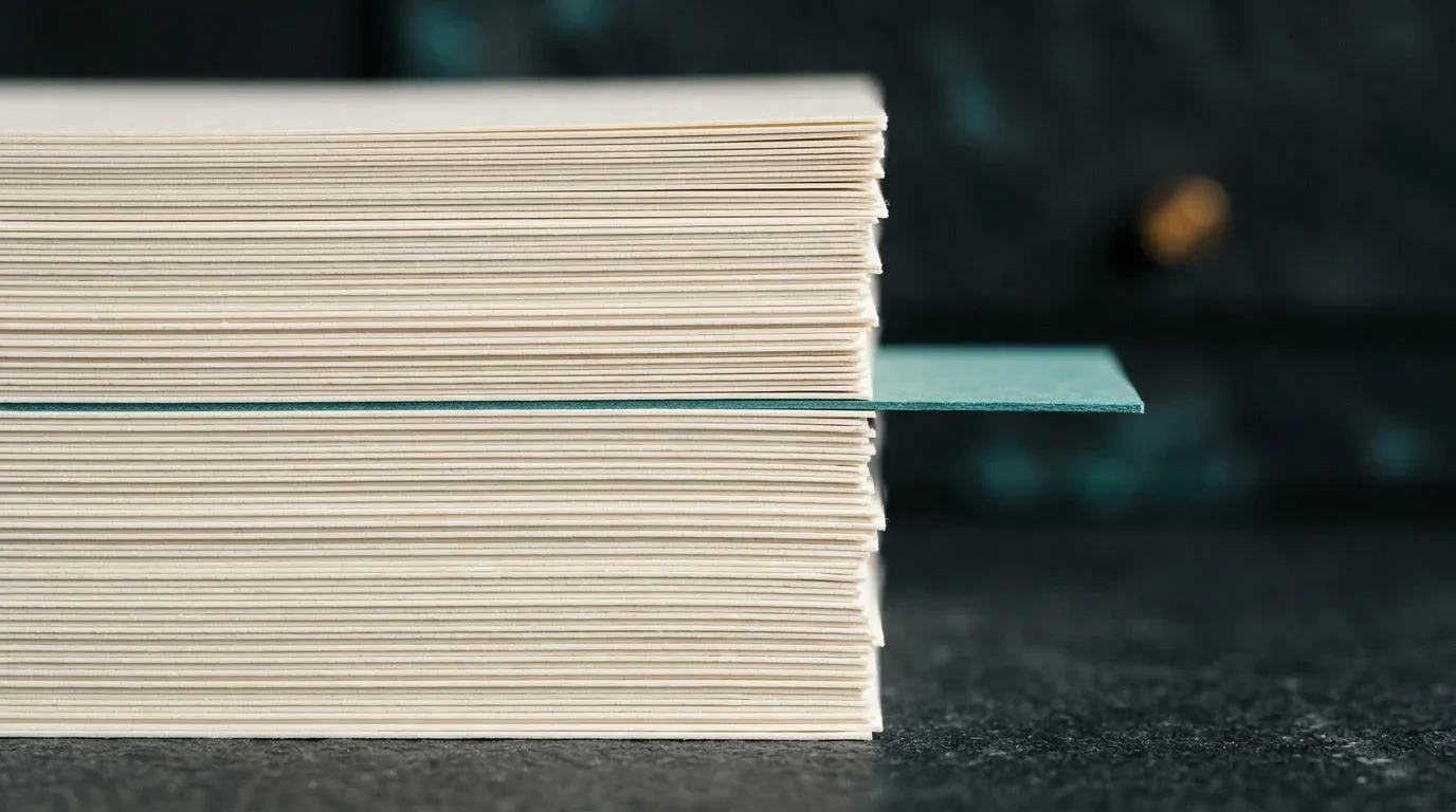 Edge-on view of a neat stack of paper sheets with one teal sheet pulled out to the side